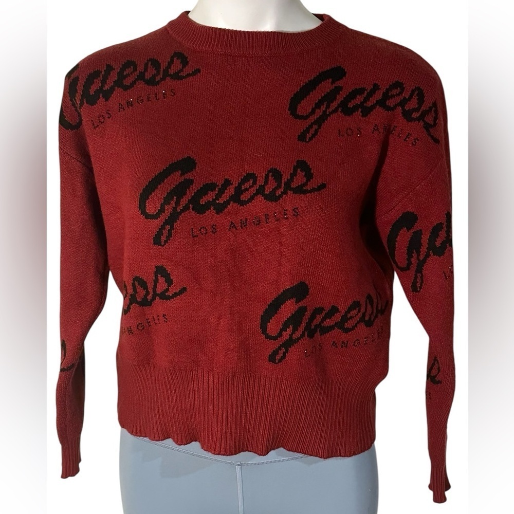 Guess Women's Bold Red Logo Sweater with mini rhinestone embellishment